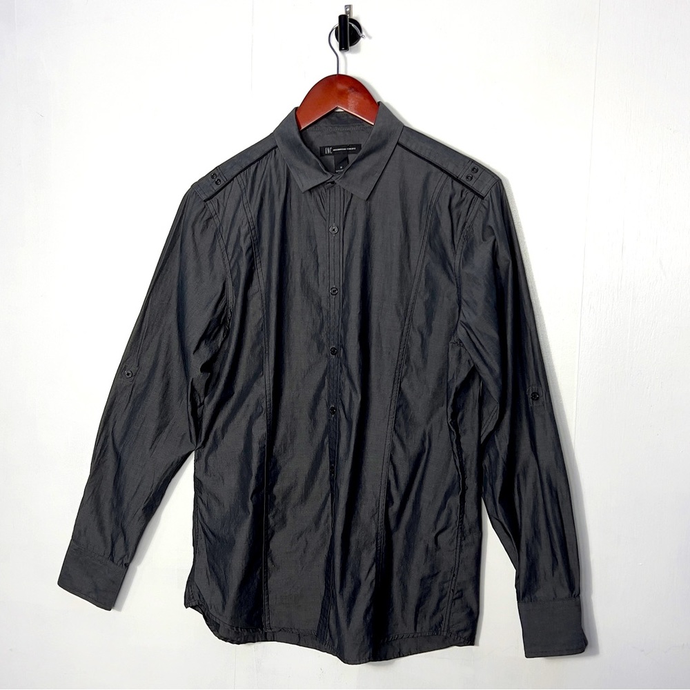 INC International Concepts | Mens Roll Tab Button Down Shirt | Dark Charcoal | M